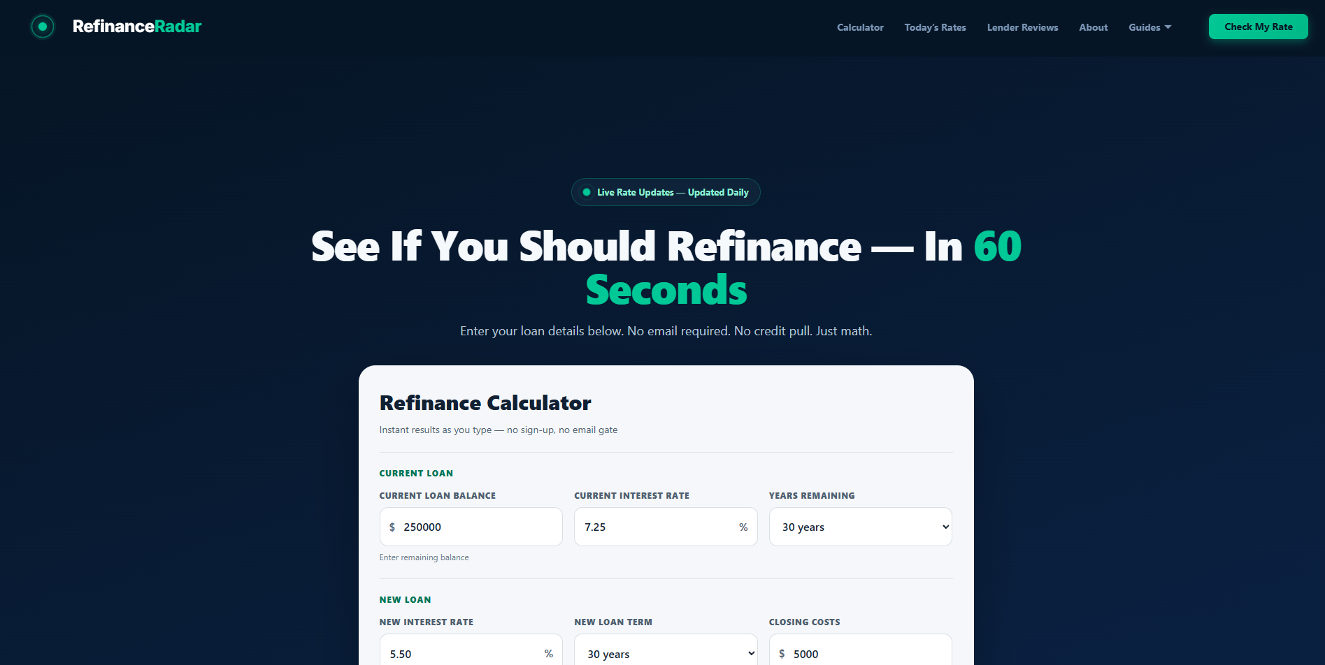 Preview of RefinanceRadar website